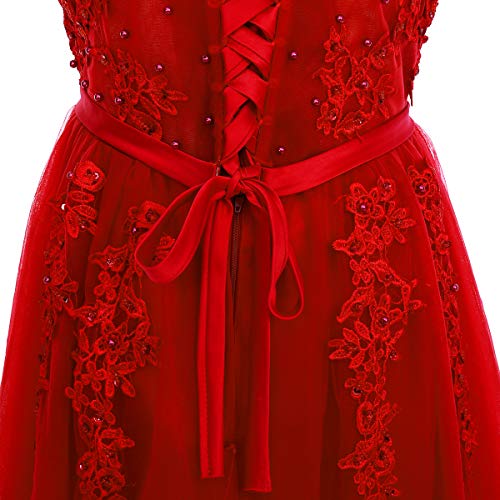 OBEEII Vestido de Fiesta Mujer Sin Mangas con Apliques Encaje Vestido Largo de Verano Elegante Ropa de Dama para Noche Ceremonia Boda Novia Gala Prom Rojo EU 56