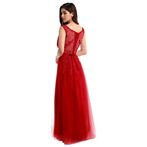 OBEEII Vestido de Fiesta Mujer Sin Mangas con Apliques Encaje Vestido Largo de Verano Elegante Ropa de Dama para Noche Ceremonia Boda Novia Gala Prom Rojo EU 56