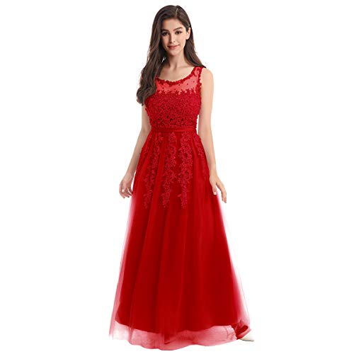 OBEEII Vestido de Fiesta Mujer Sin Mangas con Apliques Encaje Vestido Largo de Verano Elegante Ropa de Dama para Noche Ceremonia Boda Novia Gala Prom Rojo EU 56