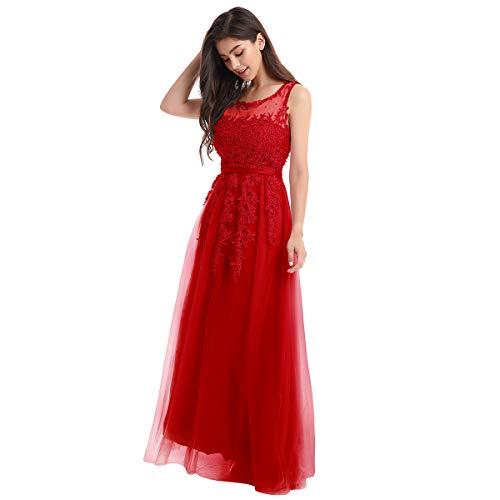 OBEEII Vestido de Fiesta Mujer Sin Mangas con Apliques Encaje Vestido Largo de Verano Elegante Ropa de Dama para Noche Ceremonia Boda Novia Gala Prom Rojo EU 56