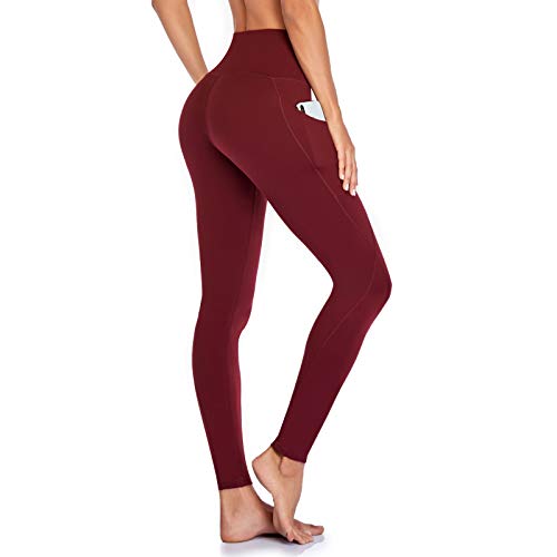 Occffy Leggings Mujer Deporte Cintura Alta Mallas Pantalones Deportivos Leggins con Bolsillos para Yoga Running Fitness y Ejercicio Oc01 (Rojo Profundo, M)