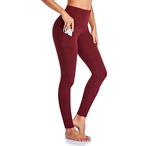 Occffy Leggings Mujer Deporte Cintura Alta Mallas Pantalones Deportivos Leggins con Bolsillos para Yoga Running Fitness y Ejercicio Oc01 (Rojo Profundo, M)