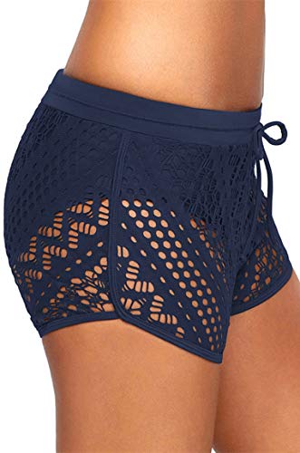 Ocean Plus Mujer Elegante Verano Croché Cordón Bañador Pantalones Cortos de Natación Enorme Fondo de Bikini Hotpants Boxer Shorts de Playa Talla Grande (M (EU 36-38), Azul Marino)