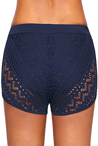 Ocean Plus Mujer Elegante Verano Croché Cordón Bañador Pantalones Cortos de Natación Enorme Fondo de Bikini Hotpants Boxer Shorts de Playa Talla Grande (M (EU 36-38), Azul Marino)