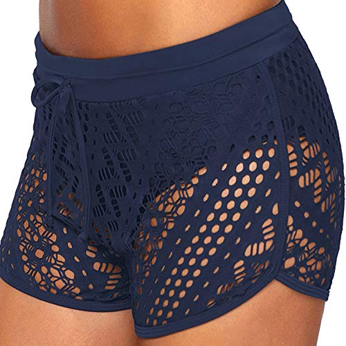 Ocean Plus Mujer Elegante Verano Croché Cordón Bañador Pantalones Cortos de Natación Enorme Fondo de Bikini Hotpants Boxer Shorts de Playa Talla Grande (M (EU 36-38), Azul Marino)
