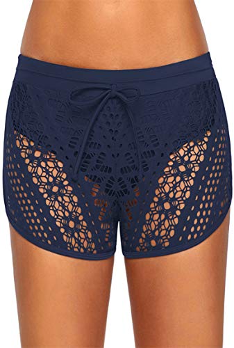 Ocean Plus Mujer Elegante Verano Croché Cordón Bañador Pantalones Cortos de Natación Enorme Fondo de Bikini Hotpants Boxer Shorts de Playa Talla Grande (M (EU 36-38), Azul Marino)
