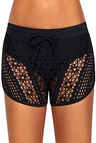 Ocean Plus Mujer Elegante Verano Croché Cordón Bañador Pantalones Cortos de Natación Enorme Fondo de Bikini Hotpants Boxer Shorts de Playa Talla Grande (XXL (EU 42-44), A-Negro)