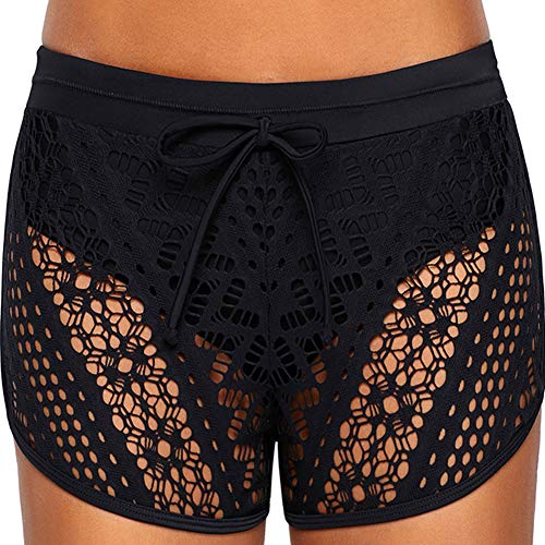 Ocean Plus Mujer Elegante Verano Croché Cordón Bañador Pantalones Cortos de Natación Enorme Fondo de Bikini Hotpants Boxer Shorts de Playa Talla Grande (4XL (EU 46-48), A-Negro)