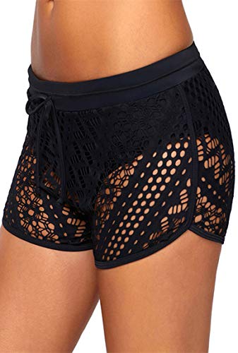 Ocean Plus Mujer Elegante Verano Croché Cordón Bañador Pantalones Cortos de Natación Enorme Fondo de Bikini Hotpants Boxer Shorts de Playa Talla Grande (M (EU 36-38), Azul Marino)