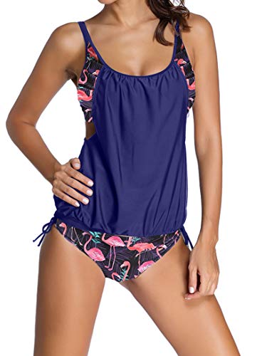 Ocean Plus Mujer Tankini de Malla Acolchada y Colorida con Calzoncillos Bikini Conjunto de Rayas Traje de Baño de Dos Piezas Ropa de Playa (S (EU 34-36), Flamenco)