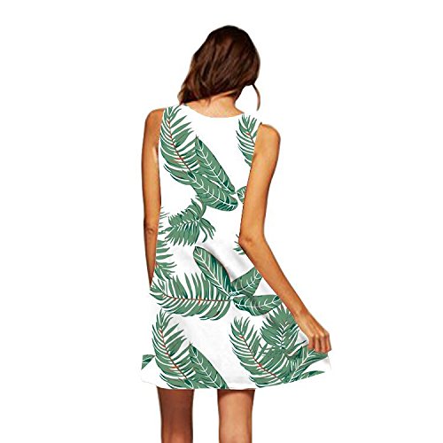 Ocean Plus Mujer Verano Flamenco Camisola Vestido De Playa Top Sin Mangas Trapecio O Corte En A Vestido Oeste (XXL (EU 42-44), Hojas Verdes sobre Blanco)