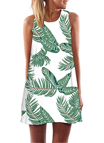 Ocean Plus Mujer Verano Flamenco Camisola Vestido De Playa Top Sin Mangas Trapecio O Corte En A Vestido Oeste (XXL (EU 42-44), Hojas Verdes sobre Blanco)