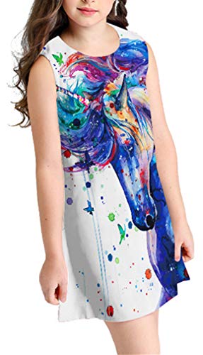 Ocean Plus Niña Verano Casual Vendimia Vestidos Sin Mangas Flamenco Patrón Lindo Impreso Rodilla Larga Gatito Tramo Partido Dress (L (Altura: 155-160 cm), Salpicaduras de Unicornio)
