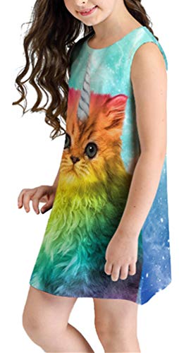 Ocean Plus Niña Verano Casual Vendimia Vestidos Sin Mangas Flamenco Patrón Lindo Impreso Rodilla Larga Gatito Tramo Partido Dress (S (Altura: 135-145 cm), Gato Arcoiris Unicornio)