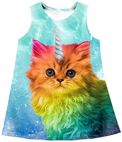 Ocean Plus Niña Verano Casual Vendimia Vestidos Sin Mangas Flamenco Patrón Lindo Impreso Rodilla Larga Gatito Tramo Partido Dress (S (Altura: 135-145 cm), Gato Arcoiris Unicornio)