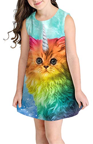 Ocean Plus Niña Verano Casual Vendimia Vestidos Sin Mangas Flamenco Patrón Lindo Impreso Rodilla Larga Gatito Tramo Partido Dress (S (Altura: 135-145 cm), Gato Arcoiris Unicornio)