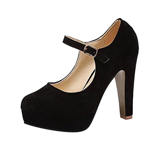 ¡Oferta de liquidación de Covermason! Zapatos de tacón cuadrado de moda para mujer Zapatos de tacón alto bajo flock(38 EU, Negro)