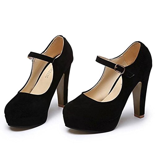 ¡Oferta de liquidación de Covermason! Zapatos de tacón cuadrado de moda para mujer Zapatos de tacón alto bajo flock(38 EU, Negro)