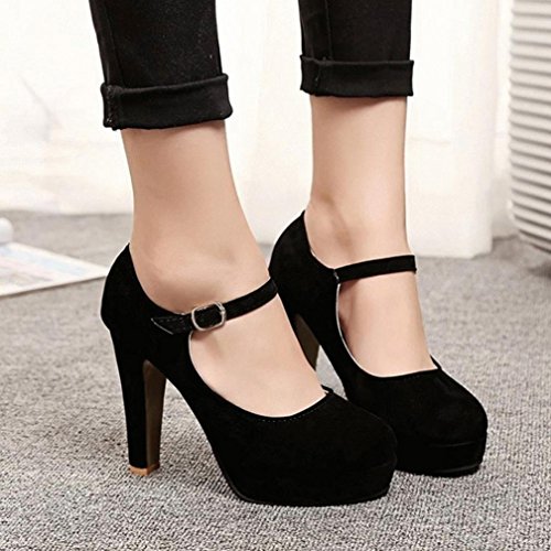¡Oferta de liquidación de Covermason! Zapatos de tacón cuadrado de moda para mujer Zapatos de tacón alto bajo flock(39 EU, Negro)