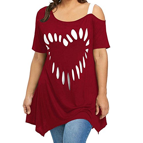 OHQ Camiseta Tops Mujer Las SeñOras De Gran TamañO Aman La ImpresióN De La Manga del Hombro De Manga Corta Camisa De Mujer Camisa Casual Tops Blusa Negro Gris Rosa Rojo Tallas Grandes (5XL, Rojo)