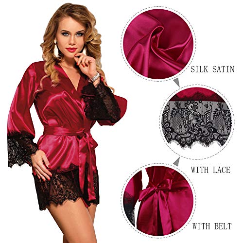 ohyeahlady Bata para Mujer Seda con Encaje en Contraste, Batas Lencería Cómoda con Cinturón y Cordones Interiores para Atar