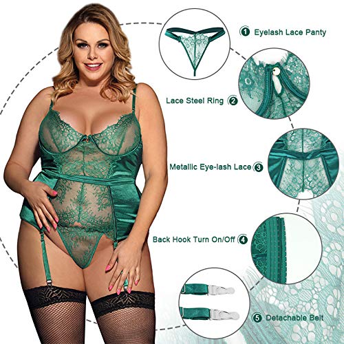 ohyeahlady Lencería Erótica para Mujer Transparente con Liguero Liga Lingerie Sexy Encaje Ropa Interior Talla Grande Lace (Verde, 5XL)