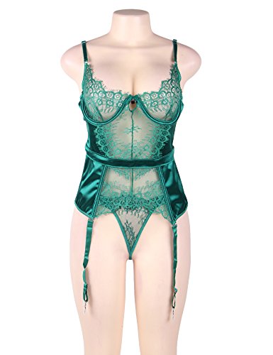 ohyeahlady Lencería Erótica para Mujer Transparente con Liguero Liga Lingerie Sexy Encaje Ropa Interior Talla Grande Lace (Verde, XL)