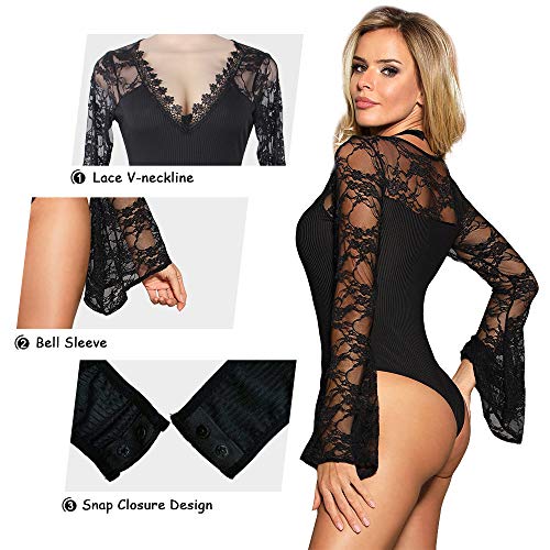 ohyeahlady Mujer Bodis Sexy V Neck Encaje con Manga Larga Talla Grande Negro Bodysuit Encaje Mono Transparente Talla Grande Body Top Sexy Manga Larga para Fiesta