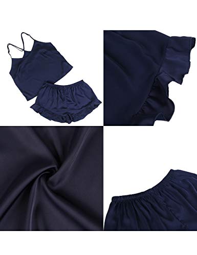 ohyeahlady Mujer Conjunto de Pijama Satén Corto para Verano Pijama Seda Suave Camiseta sin Mangas y Pantalones Cortos Ropa de Dormir 2 Piezas Satén（Azul,XS-S）
