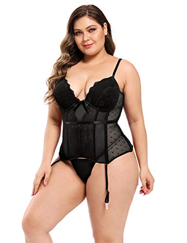 ohyeahlady Mujer Corsé con Liguero de Encaje Cuello en V Ropa Erótica Bustier Tirantes Ajustables Talla Grande S-6XL