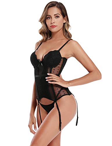 ohyeahlady Mujer Corsé con Liguero de Encaje Cuello en V Ropa Erótica Bustier Tirantes Ajustables Talla Grande S-6XL