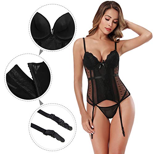 ohyeahlady Mujer Corsé con Liguero de Encaje Cuello en V Ropa Erótica Bustier Tirantes Ajustables Talla Grande S-6XL