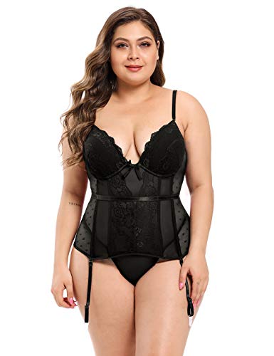 ohyeahlady Mujer Corsé con Liguero de Encaje Cuello en V Ropa Erótica Bustier Tirantes Ajustables Talla Grande S-6XL