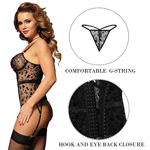 ohyeahlady Mujer Sexy Conjunto de Lencería de Encaje Corsé Translúcido con Liguero y Tanga Talla Grande Corpiño Push Up con Aros