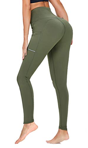 Olacia - Pantalones de yoga con bolsillos, polainas de gimnasio para mujer, cintura alta, control de abdomen, polainas de entrenamiento con bolsillos para mujer, verde militar, grande