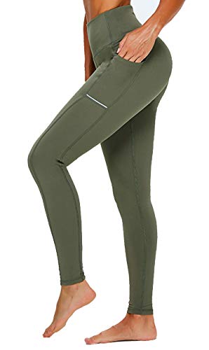 Olacia - Pantalones de yoga con bolsillos, polainas de gimnasio para mujer, cintura alta, control de abdomen, polainas de entrenamiento con bolsillos para mujer, verde militar, grande