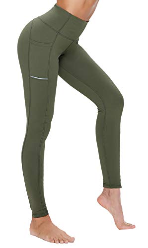 Olacia - Pantalones de yoga con bolsillos, polainas de gimnasio para mujer, cintura alta, control de abdomen, polainas de entrenamiento con bolsillos para mujer, verde militar, grande