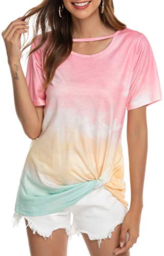 OLIPHEE Casual Camiseta Deportiva Gradiente Manga Corta Tie-Dye Imprimir Corto Tops Blusa Anudadas Camisas Pullover para Mujer babifenS-1