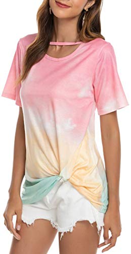 OLIPHEE Casual Camiseta Deportiva Gradiente Manga Corta Tie-Dye Imprimir Corto Tops Blusa Anudadas Camisas Pullover para Mujer babifenS-1