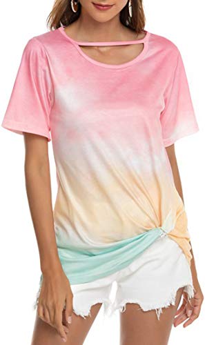 OLIPHEE Casual Camiseta Deportiva Gradiente Manga Corta Tie-Dye Imprimir Corto Tops Blusa Anudadas Camisas Pullover para Mujer babifenS-1