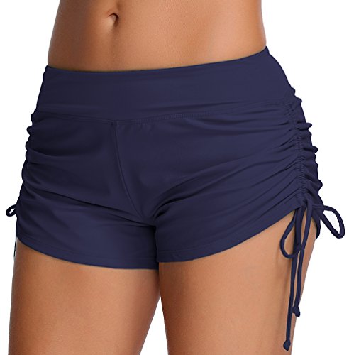OLIPHEE Mujer Bikini Cinturón sólido Fondo Pantalones Cortos para Niños Panty de Natación (Medium, Azul Marino)