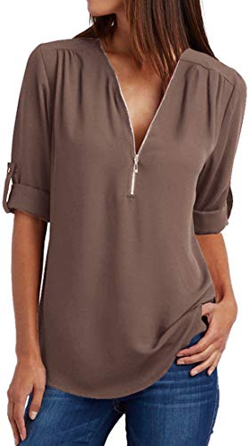 OLIPHEE Mujer Blusas y Camisa Cuello V Camisetas Cremallera Sueltas Camisas de Manga Larga Ajustable Tops Cafe-2XL