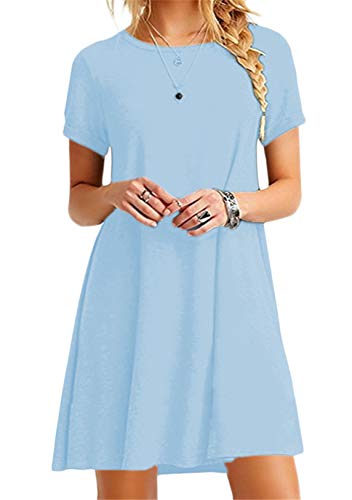 OMZIN Vestido de Mujer Vestido de Manga Corta Cuello Redondo Suelta Casual Summer T-Shirt Blusa Suelta Vestidos,Cielo Azul,M