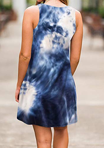OMZIN Vestido Informal de Mujer Vestido de Vuelo con Bolsillos Vestido de Verano Vestido Informal Mini Vestido con Tirantes Vestido sin Mangas Camisa Larga Vestidos Tie-Dye Azul Marino XS