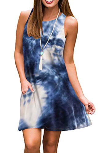 OMZIN Vestido Informal de Mujer Vestido de Vuelo con Bolsillos Vestido de Verano Vestido Informal Mini Vestido con Tirantes Vestido sin Mangas Camisa Larga Vestidos Tie-Dye Azul Marino XS