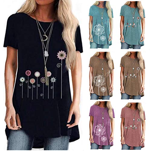 Onsoyours Camiseta para Mujer Verano con Cuello Redondo Túnica Loose Fit Top con Bolsillos Laterales B Negro X-Large