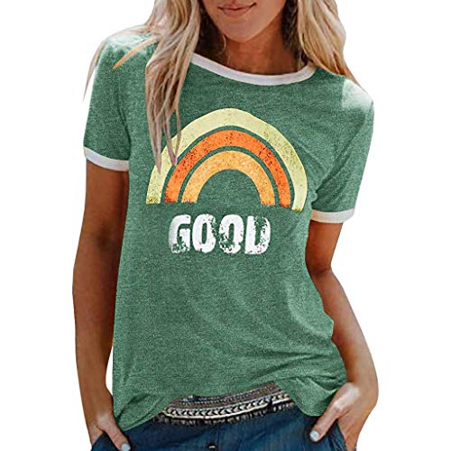 Onsoyours Mujer Good Vibes Camisa Manga Corta Arcoiris Impresión de Talla Adolescentes Blusa Camisa Cuello Redondo Basica Camiseta Suelto Verano Tops Casual Fiesta T-Shirt A Verde XXL
