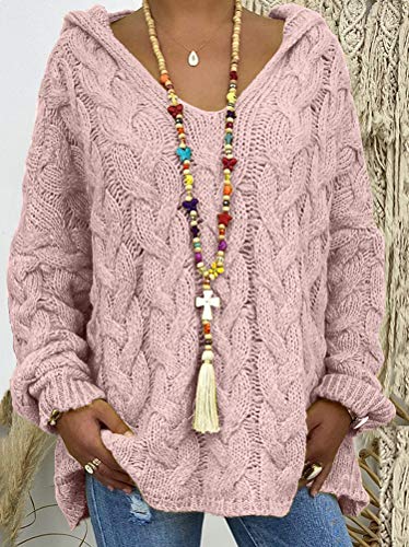 Onsoyours Mujer Suéteres Casuales Punto Jersey con Capucha Cuello En V Color Sólido Manga Larga Suelto Blusa Camiseta Sweater Pullover Jumper Tops Rosa XL