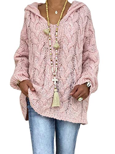 Onsoyours Mujer Suéteres Casuales Punto Jersey con Capucha Cuello En V Color Sólido Manga Larga Suelto Blusa Camiseta Sweater Pullover Jumper Tops Rosa XL