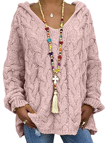 Onsoyours Mujer Suéteres Casuales Punto Jersey con Capucha Cuello En V Color Sólido Manga Larga Suelto Blusa Camiseta Sweater Pullover Jumper Tops Rosa XL